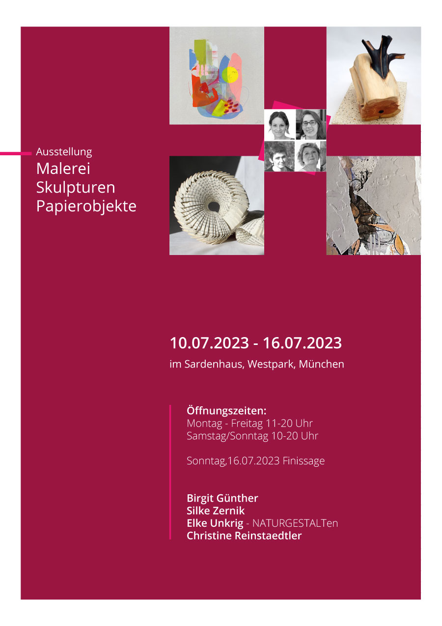 Gemeinschaftsausstellung im Sardenhaus, Westpark, München: Malerei, Skulpturen, Papierobjekte